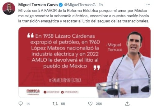 Miguel Torruco Garza votará a favor de la reforma eléctrica