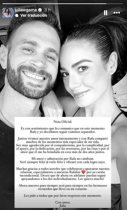 Rafael Nieves y Julia Gama confirman separación a dos años de relación