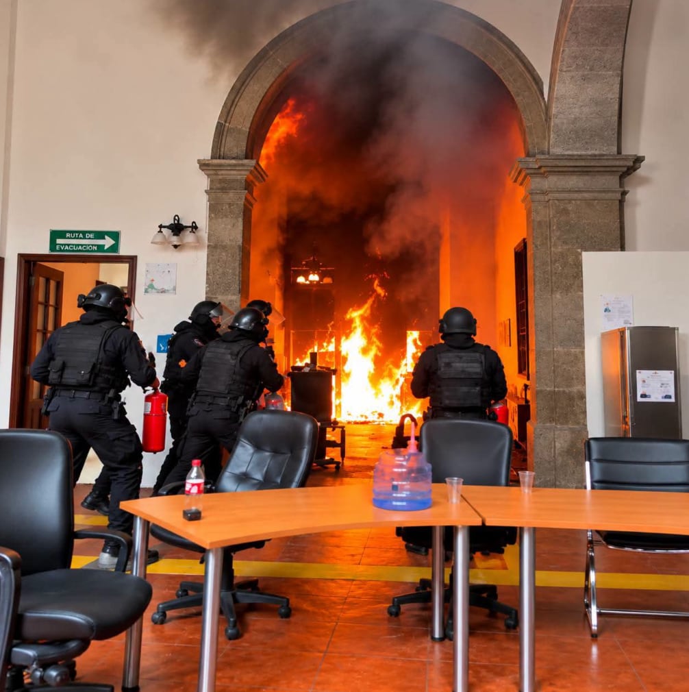 Queman puerta del Congreso del estado de Jalisco, tras marcha en demanda de agua limpia en Guadalajara. Foto: Salvador Cosío