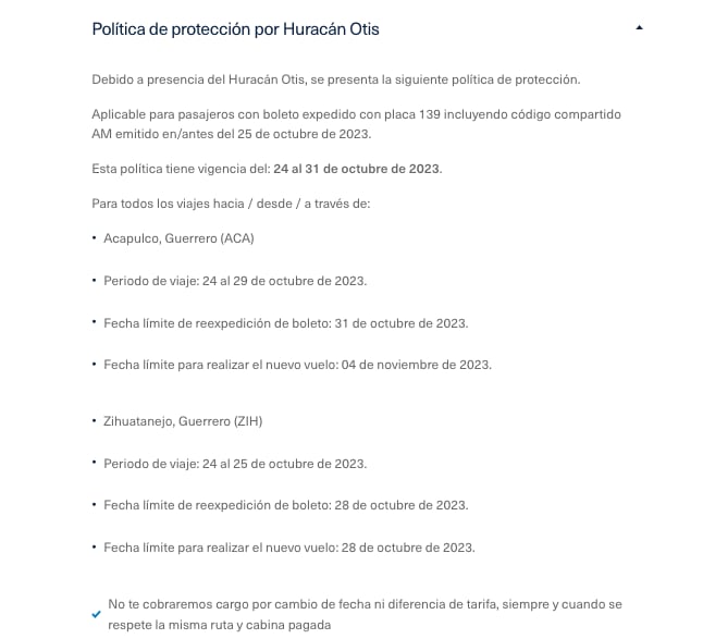 Política de protección de Aeroméxico ante huracán Otis