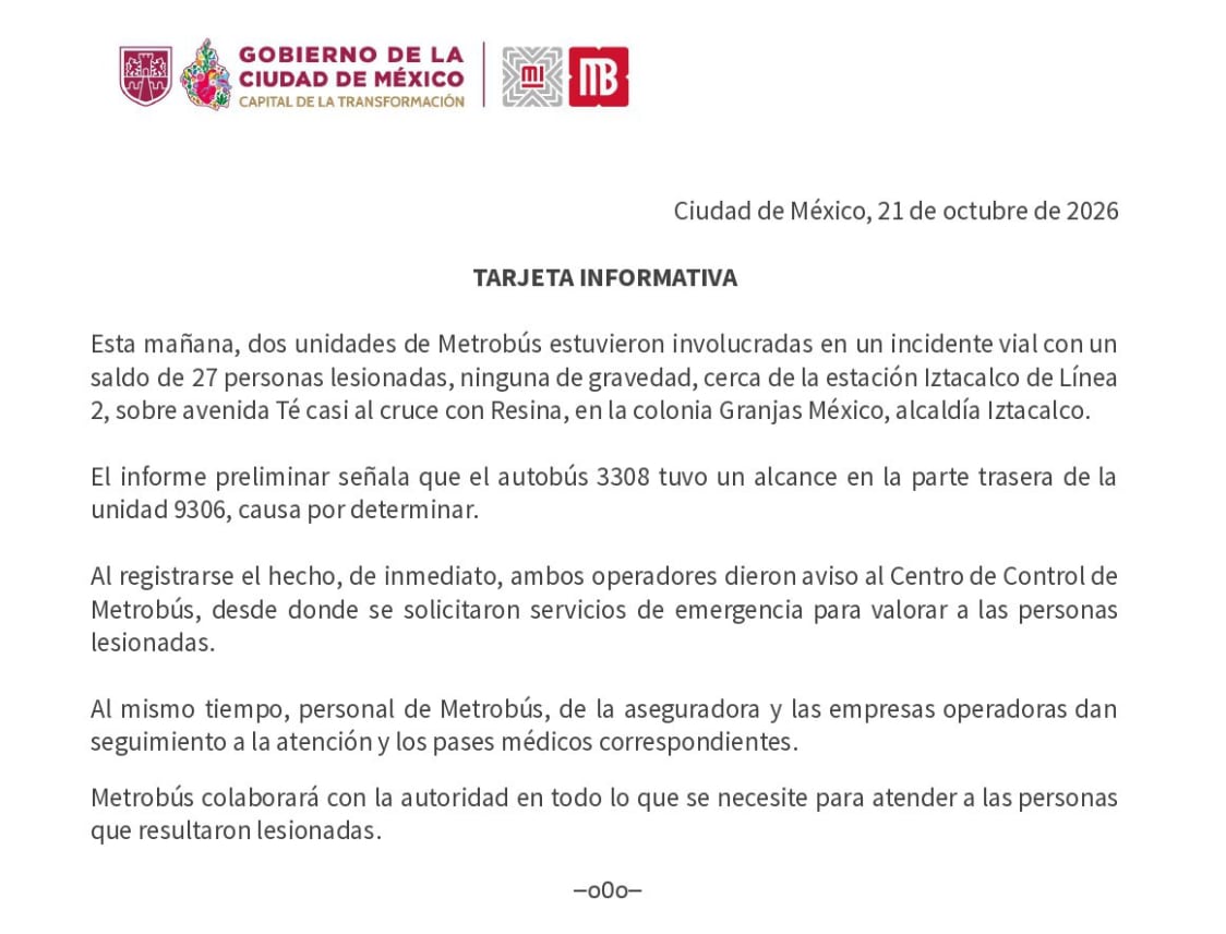 Autoridades del Metrobús se pronuncian tras accidente en la Línea 2