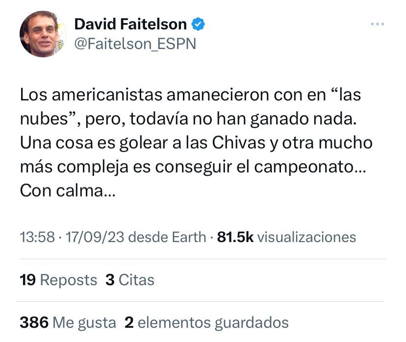 David Faitelson bajó de "sus nubes" a los fans del Club América tras la goleada ante el Club Chivas.