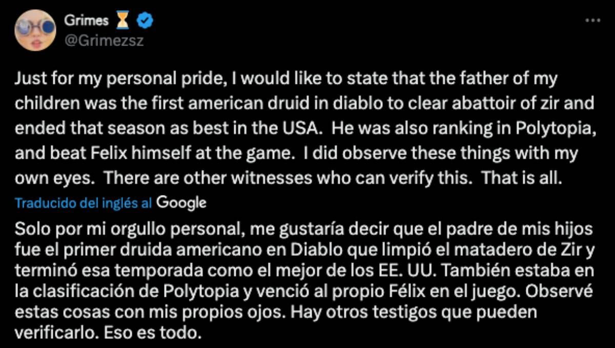 Grimes defiende el honor gamer de Elon Musk