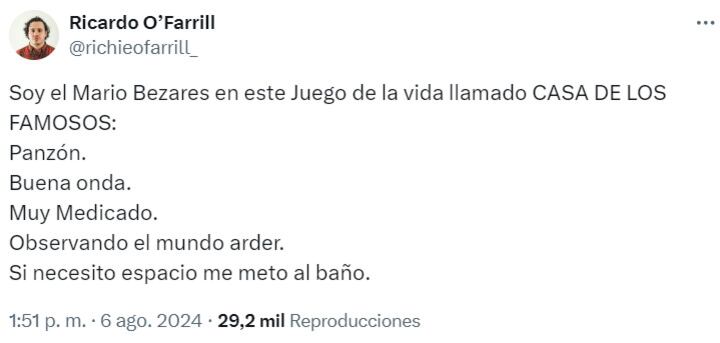 Ricardo O'Farrill dice que Mario Bezares es su favorito de La Casa de los Famosos México 2024