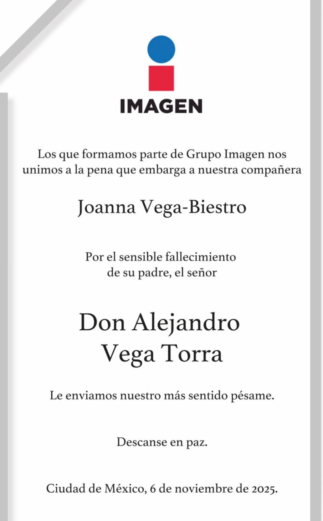 Imagen televisión lamentó la muerte del padre de Joanna Vega-Biestro