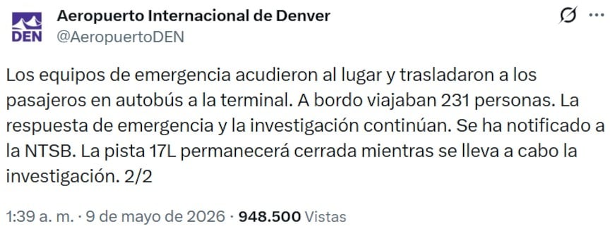 Avión de Frontier Airlines aterriza de emergencia tras impactar a un hombre en pista de Denver