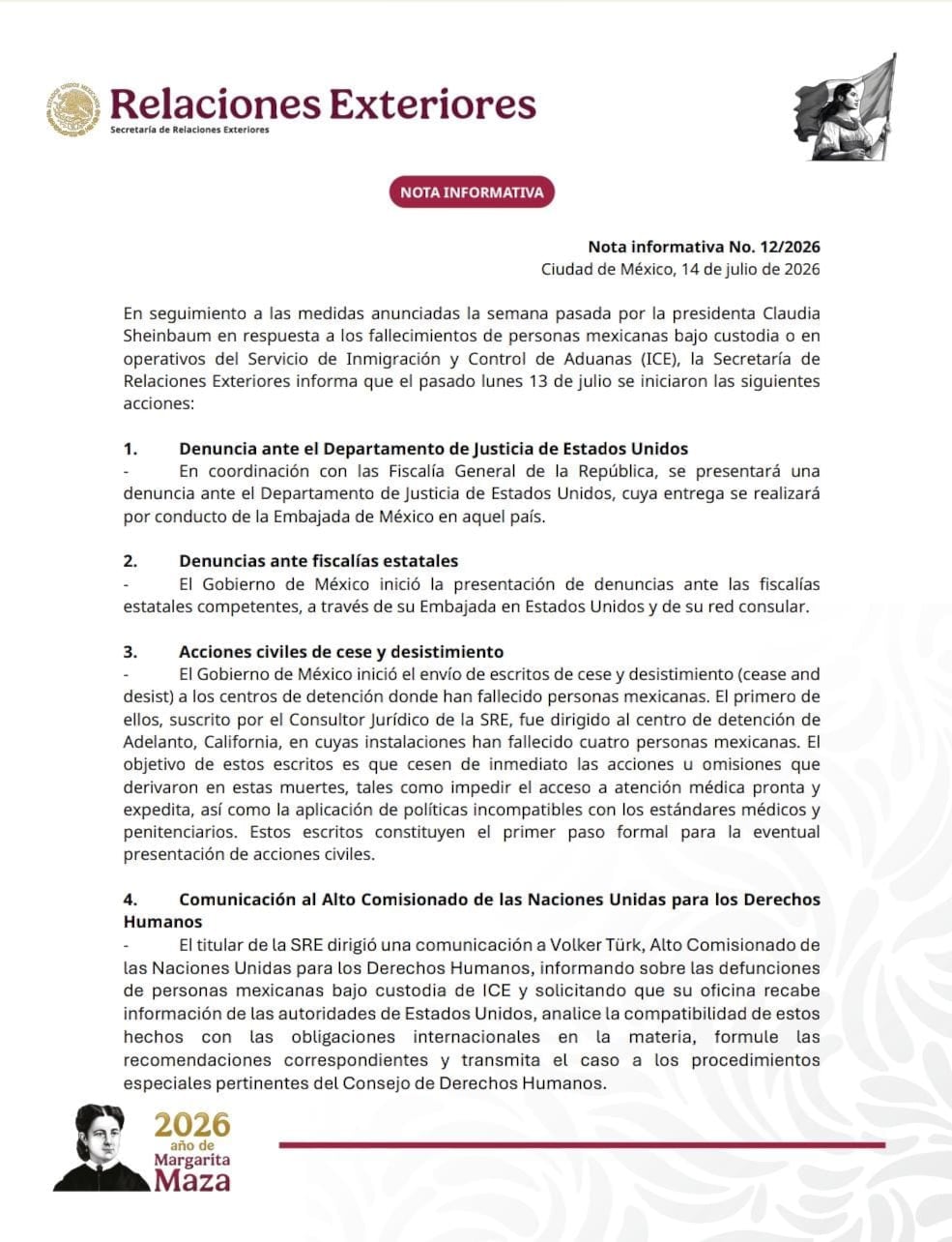 SRE revela la ruta de denuncia tras muertes de mexicanos relacionadas con ICE en Estados Unidos
