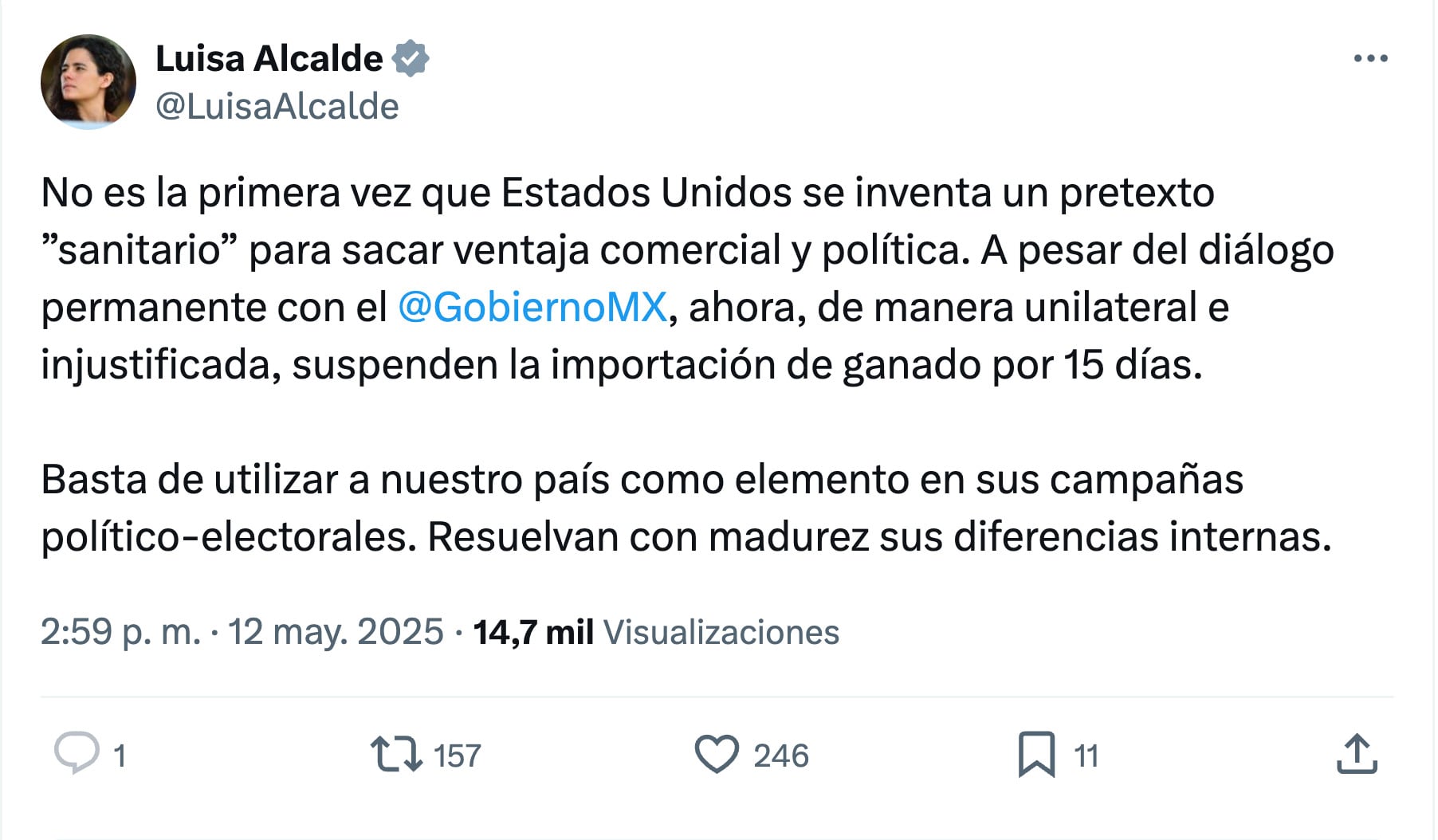 Luisa Alcalde sobre gusano barrenador