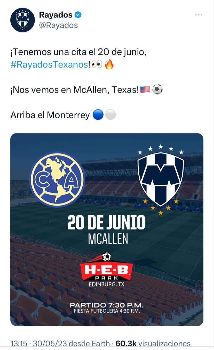 El Club América y Rayados de Monterrey se enfrentarán el próximo 20 de junio.