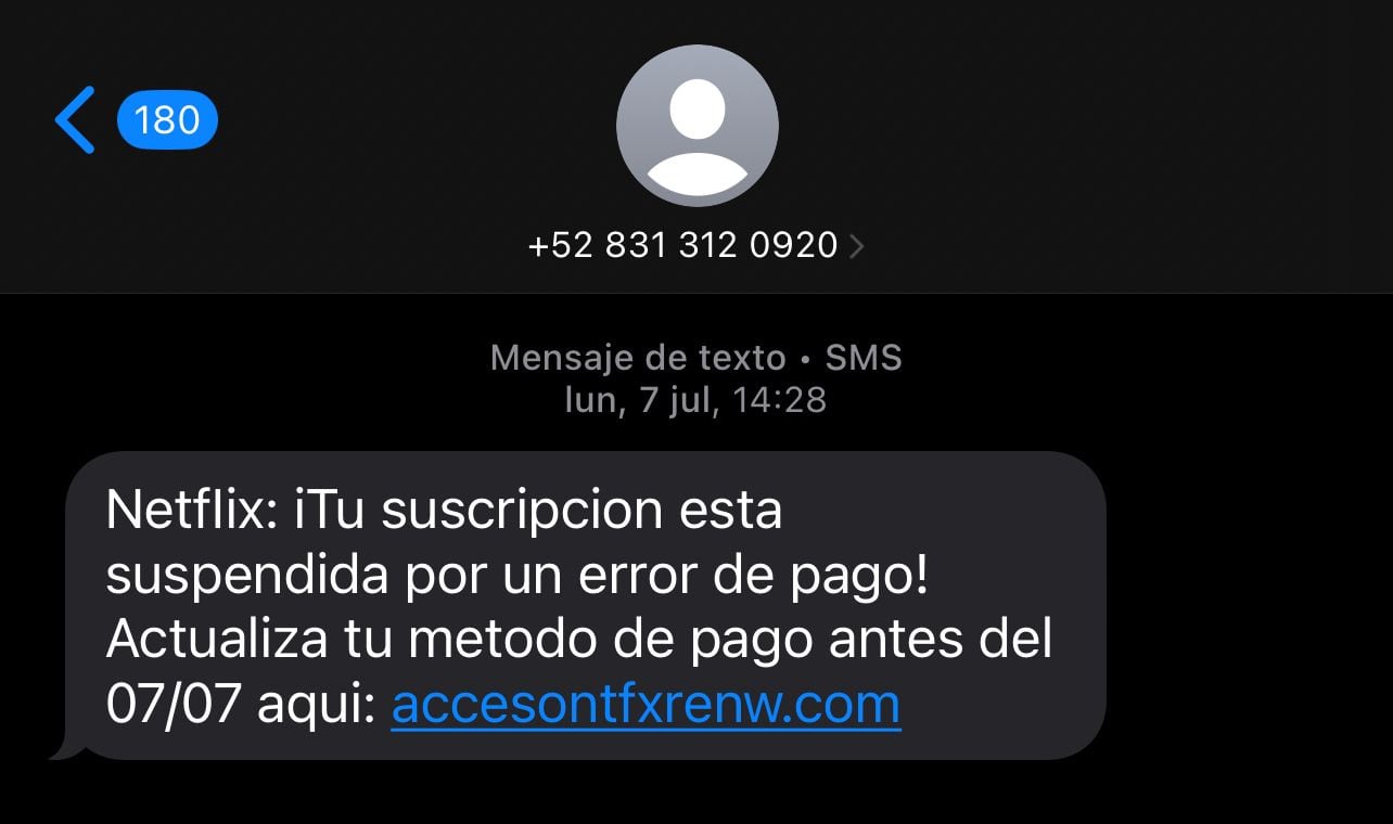 Mensaje SMS fraudulento para robar datos a usuarios de Netflix.