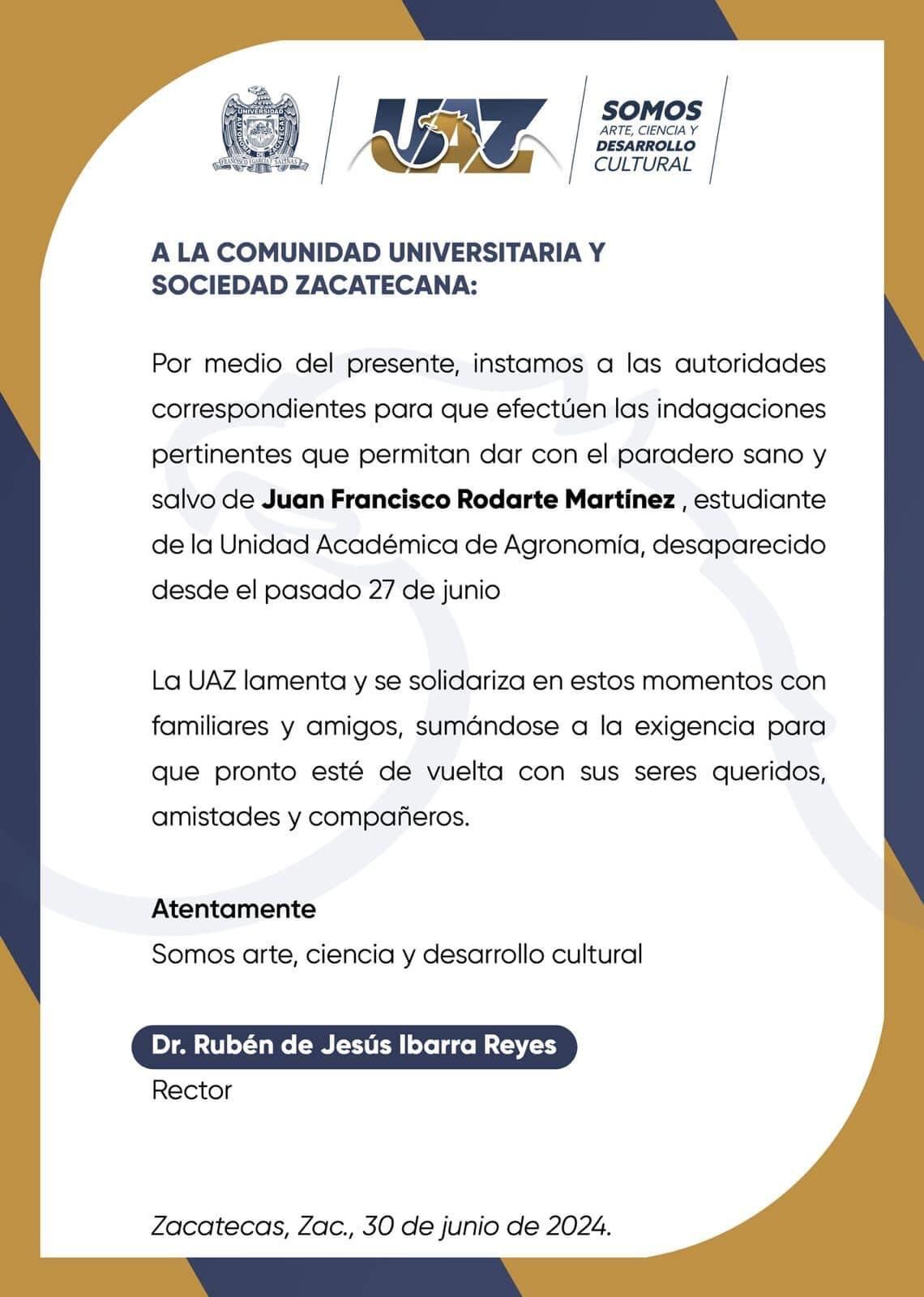 Exigen la localización de Juan Francisco Rodarte, estudiante de la UAZ desaparecido en Calera, Zacatecas