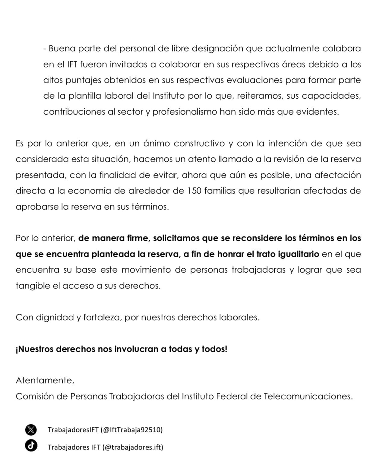 Comunicado de trabajadores del IFT