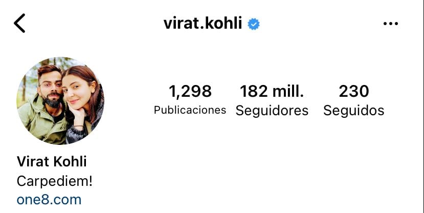 Captura de pantalla del perfil de Instagram de Virat Kohli
