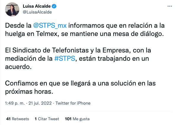 Luisa Alcalde, del STypS, se expresa por huelga de Telmex