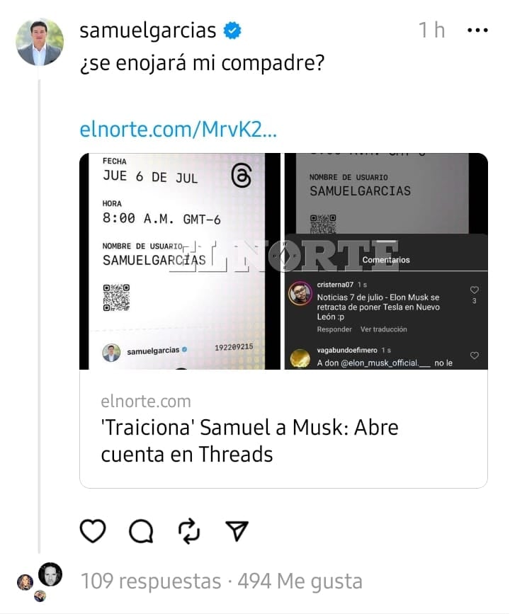 Samuel García ya tiene cuenta en Threads de Instagram