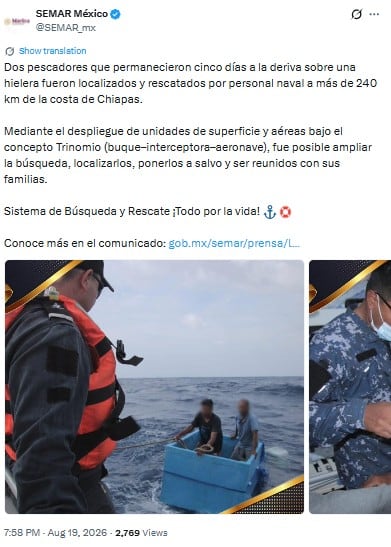 Marina rescata a dos pescadores tras 5 días a la deriva sobre una hielera en Chiapas