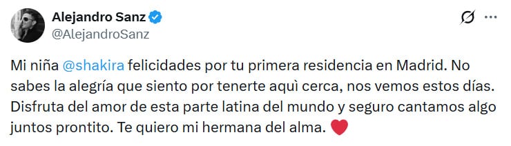 Alejandro Sanz dedica mensaje de cariño a Shakira