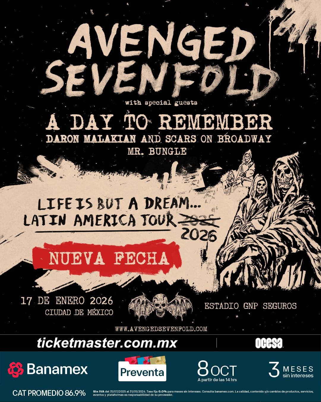 Avenged Sevenfold en CDMX 2026: boletos, precios y preventa en Estadio GNP Seguros
