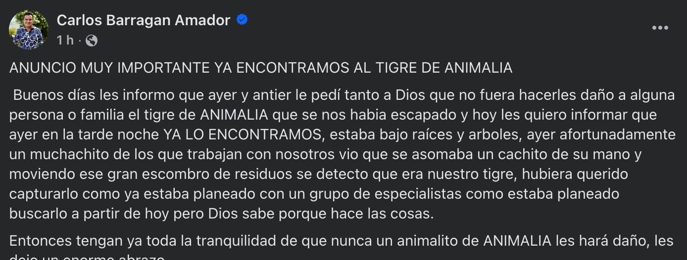 Alcalde de Xicotepec reporta hallazgo de tigre de bengala muerto