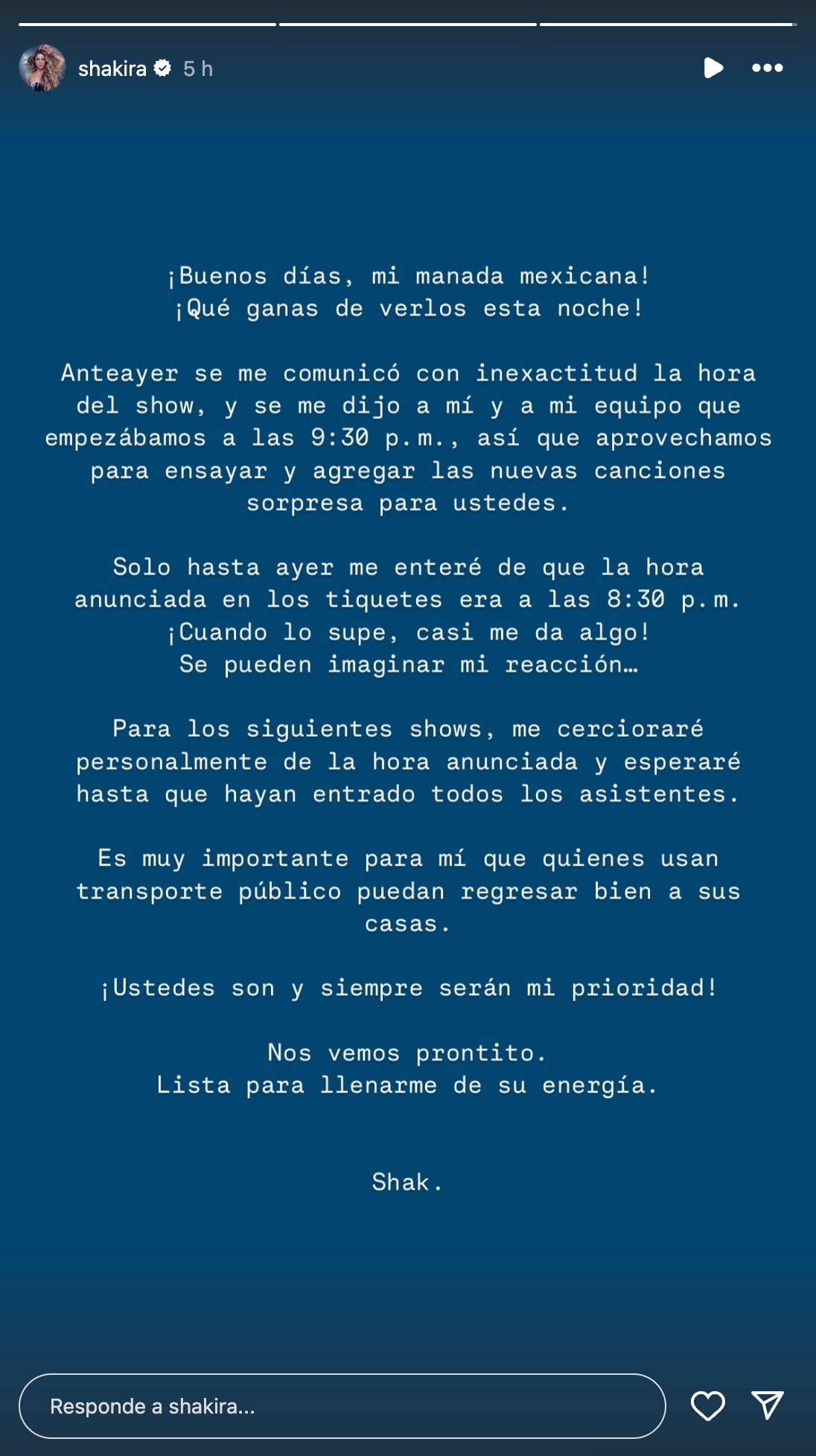 Comunicado de Shakira en Instagram