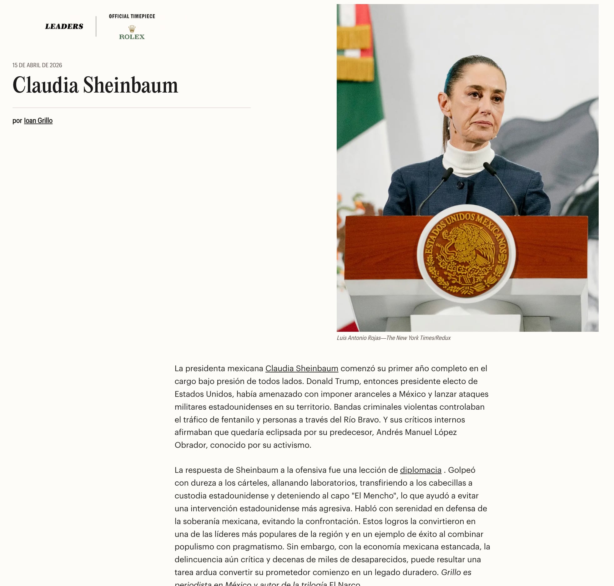 Claudia Sheinbaum es incluida en la lista de la revista TIME100 2026, con un texto de Ioan Grillo