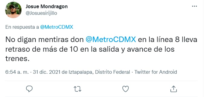 usuario reporta falla en línea 8 del METRO CDMX/Twitter