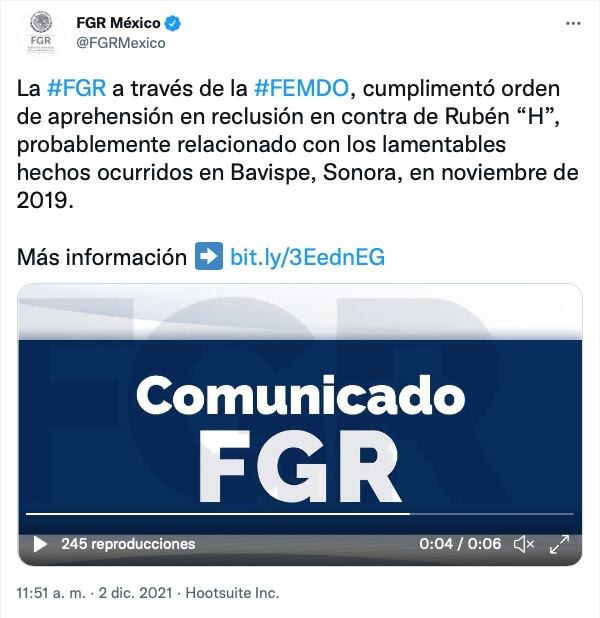 Se confirma la detención del R7 involucrado en la masacre de Bavispe, Sonora/@FGRMexico