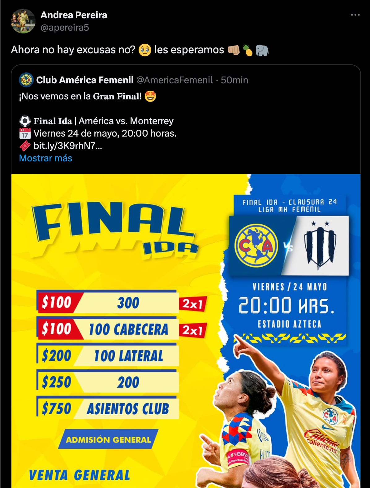 Boletos final ida América vs Rayadas Femenil