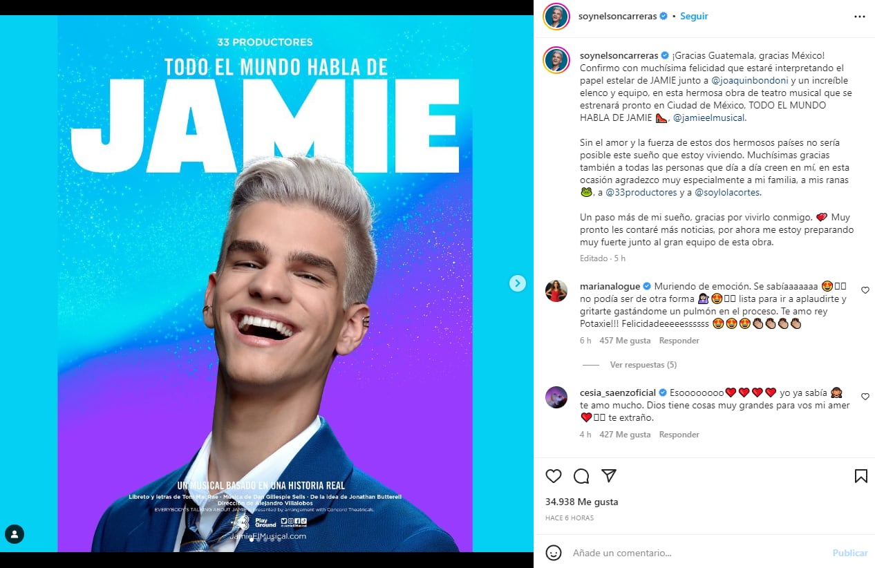 Post de Nelson de La Academia agradeciendo a Lola Cortés por cumplir su sueño del teatro musical