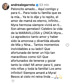 Andrea Legarreta reacciona a muerte de su ex suegra, la mamá de Erik Rubín
