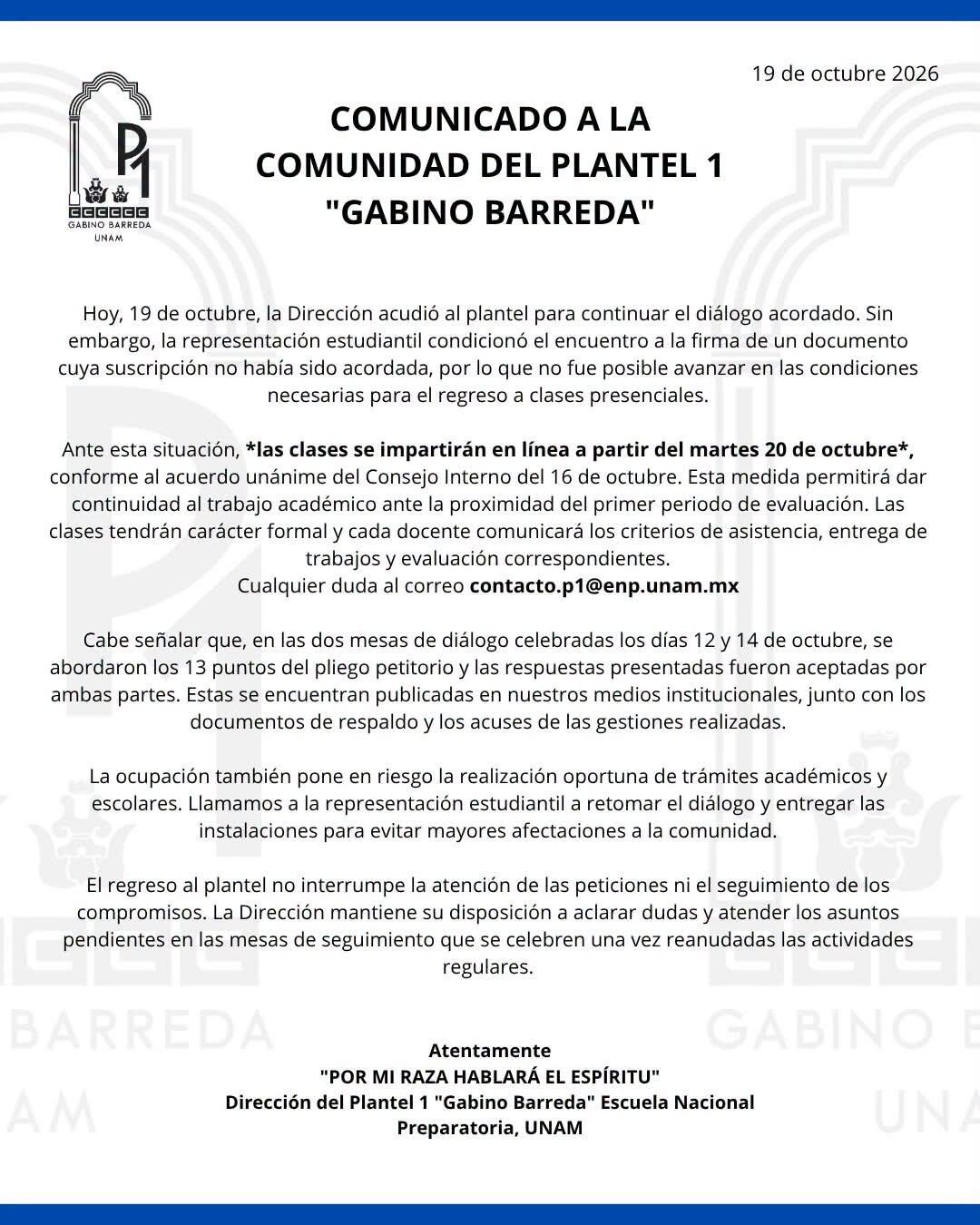 Prepa 1 continuará con clases en línea