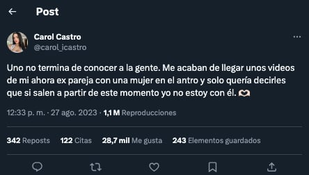 Carol Castro anuncia el final de su relación con César Pantoja