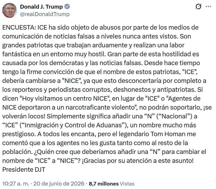 Trump insiste en llamar ‘NICE’ a ICE: “Son grandes patriotas”