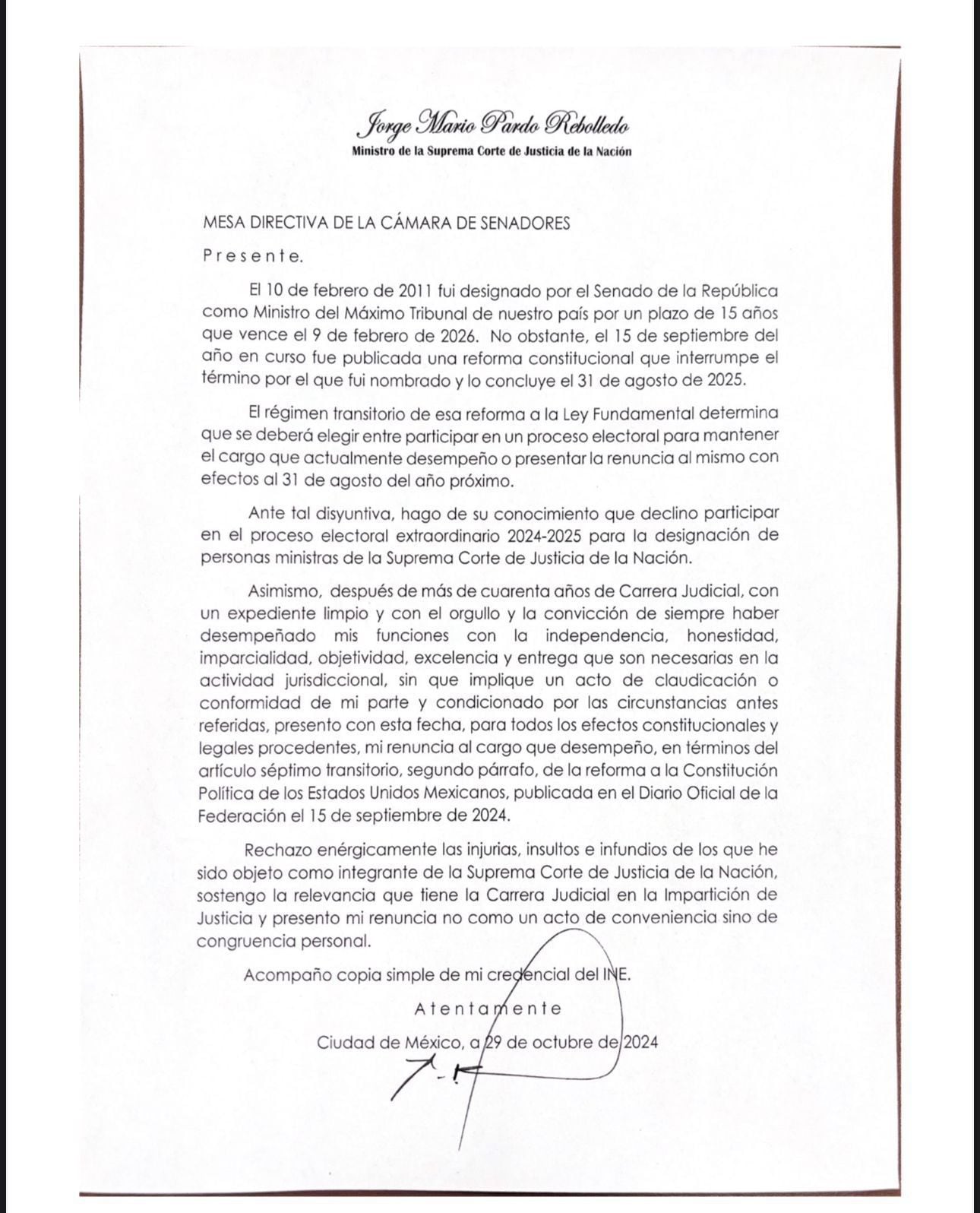 Carta de renuncia atribuida a Jorge Mario Pardo Rebolledo, ministro de la SCJN