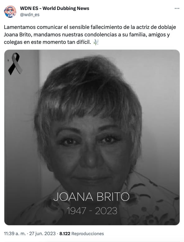 Muere Joana Brito, actriz de voz a sus 79 años
