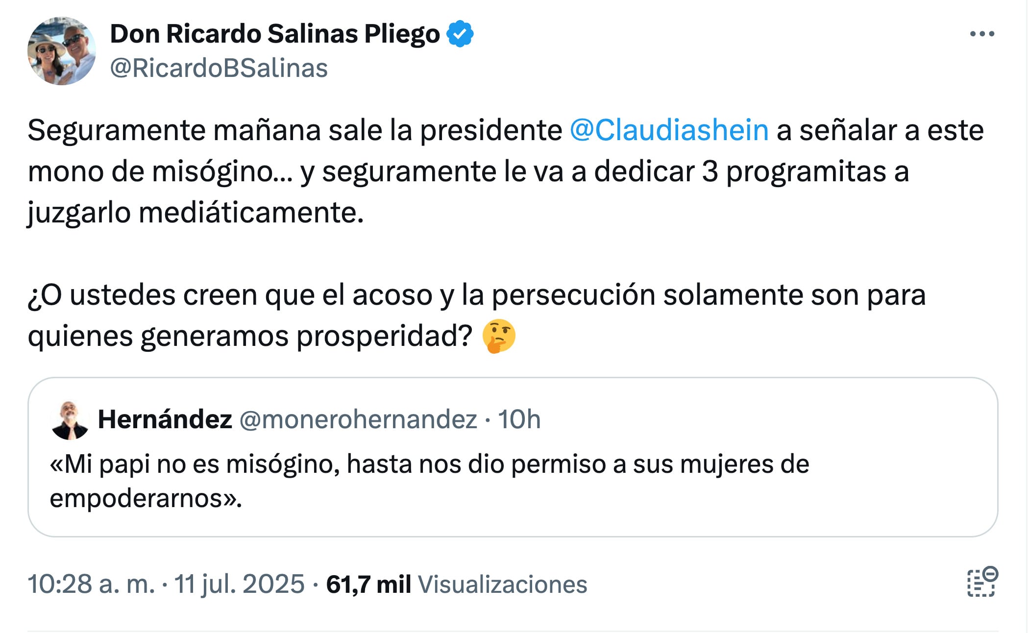 Ricardo Salinas Pliego acusa al Monero Hernández de violencia de género