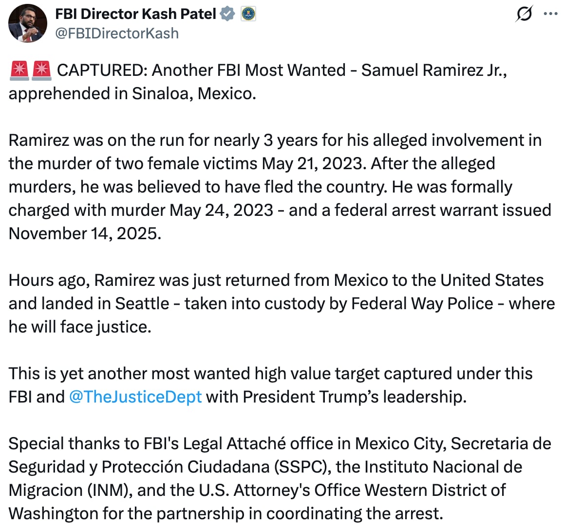 FBI captura a Samuel Ramírez Jr. en Sinaloa, uno de los 10 más buscados