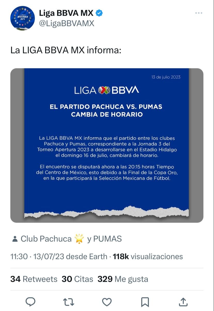 La Liga MX reprogramó el partido entre el CF Pachuca y el Club Pumas para la Jornada 3 del Apertura 2023, por culpa de la Selección Mexicana.