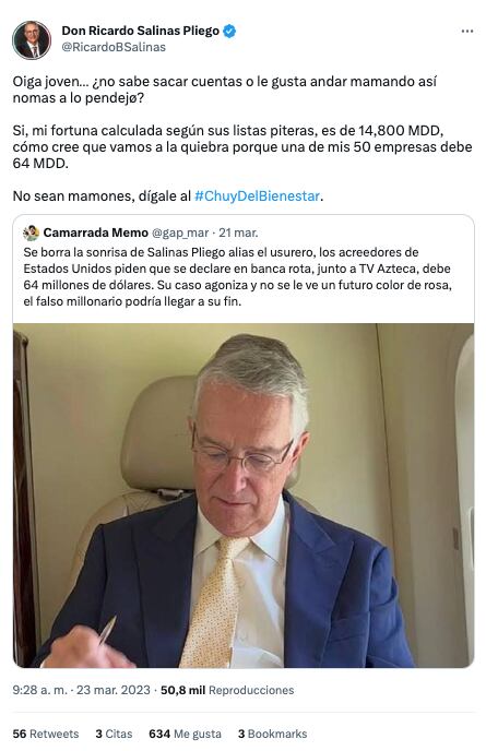 Ricardo Salinas Pliego asegura que no se irá a la quiebra por deuda de Tv Azteca