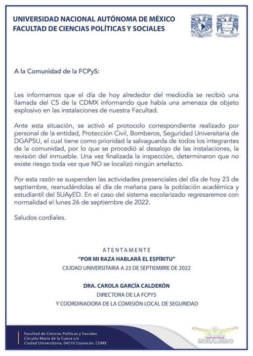 FCPyS confirma amenaza de bomba; clases son suspendidas