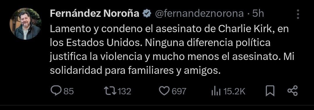 Noroña sobre asesinato de Charlie Kirk