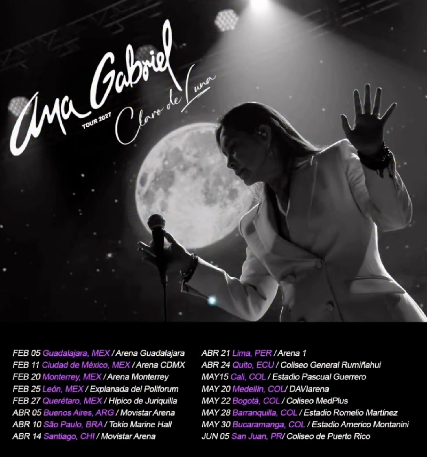 Ana Gabriel llevará su tour 'Claro de luna' a diversos países de Latinoamérica