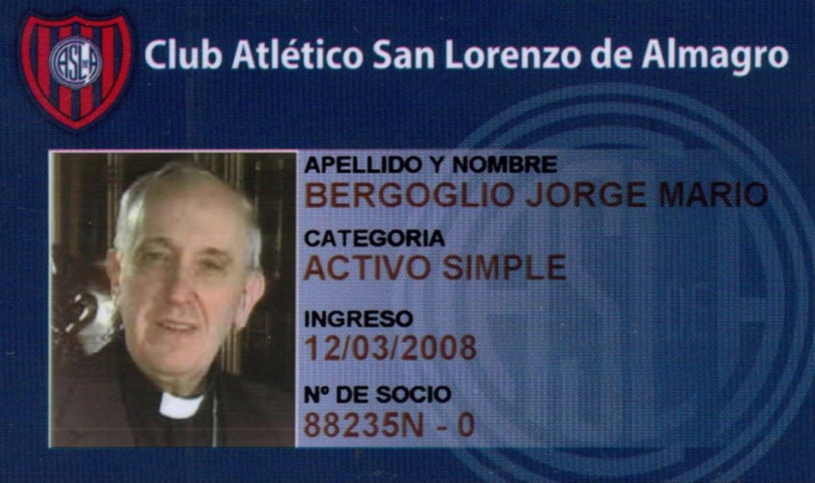 Papa Francisco, su número de socio o abonado del Club Atlético San Lorenzo de Almagro