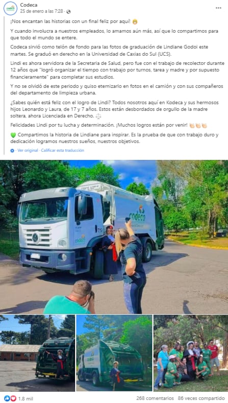 Publicación reconociendo a la recolectora de basura que se graduó como abogada
