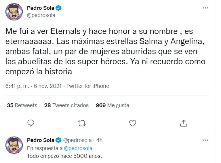 Pedro Sola molesto con la actuación de Salma Hayek y Angelina Jolie en Eternals
