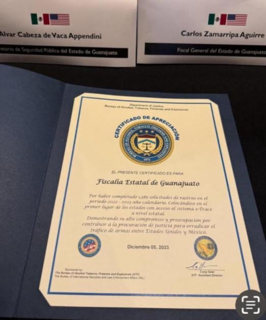 Fiscalía de Guanajuato y SSPEG reciben reconocimiento