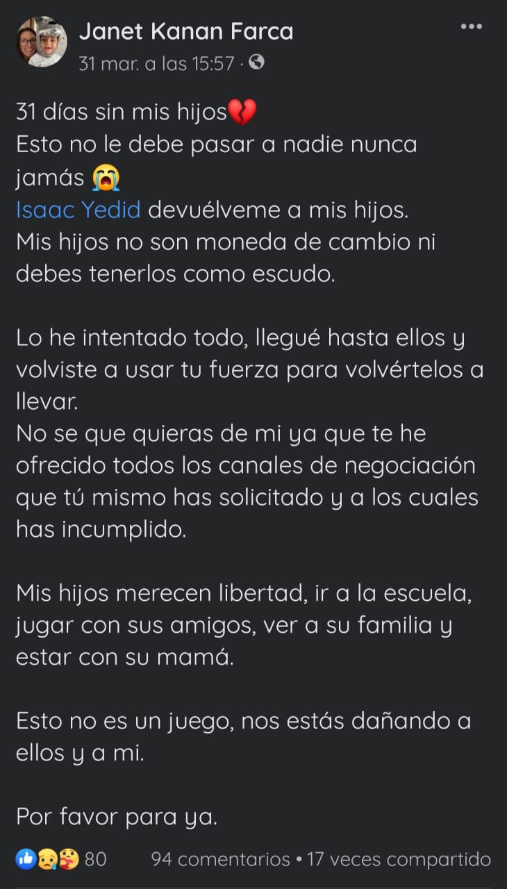 Janet Kanan Farca denuncia públicamente a su esposo Isaac Yedid "N"