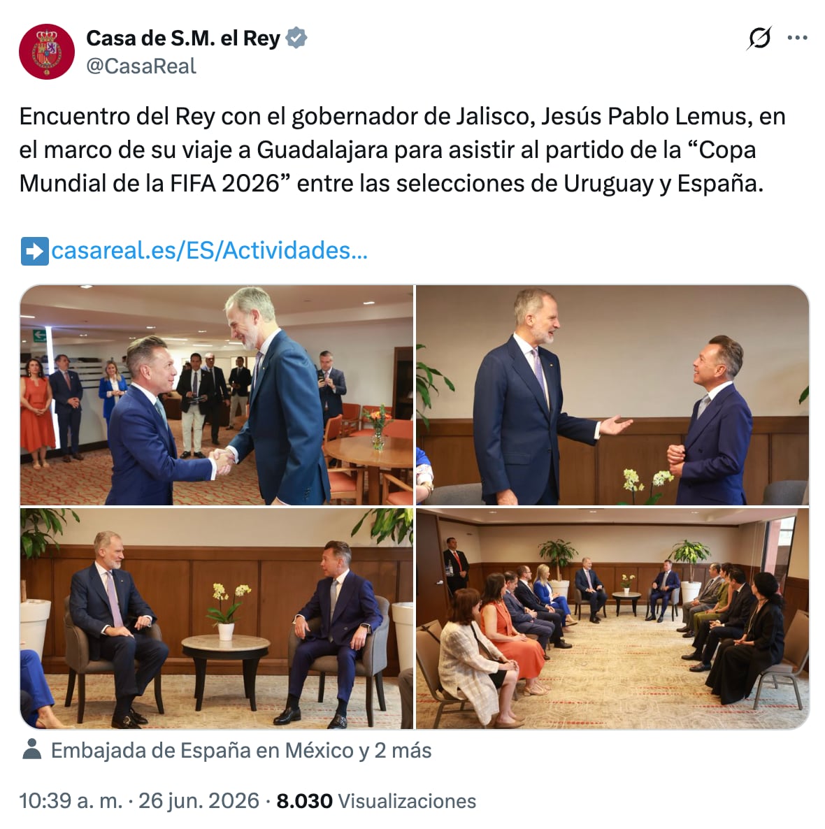 El rey Felipe VI es recibido por Pablo Lemus en Jalisco previo al partido España vs Uruguay del Mundial 2026
