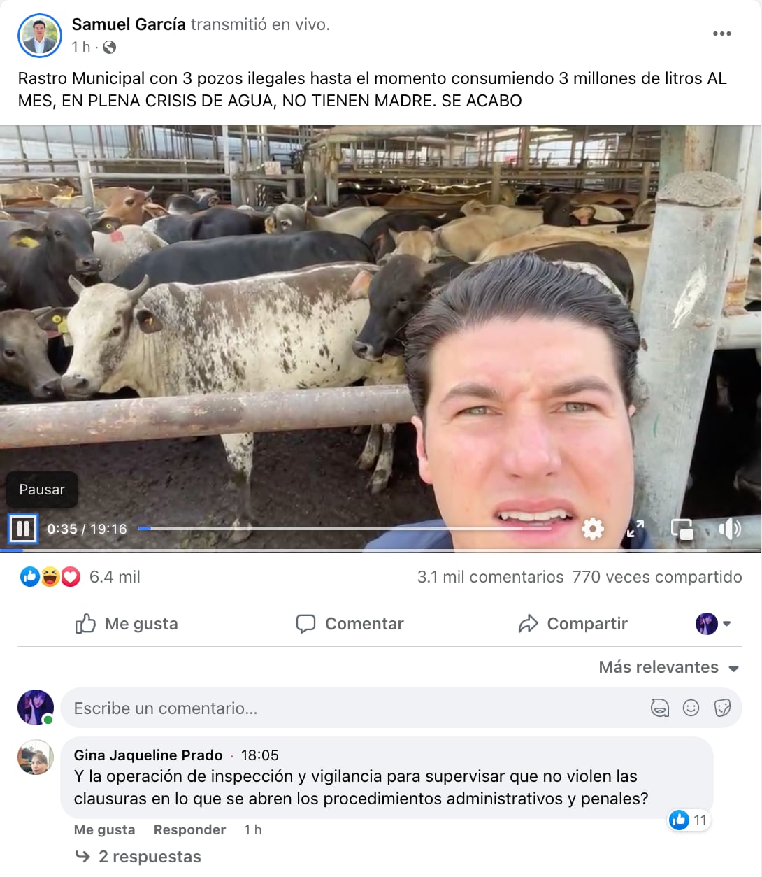 Samuel García denuncia pozo ilegal en rastro de Monterrey