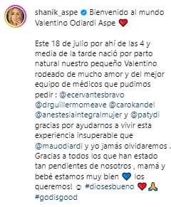 Shanik Aspe comparte el nacimiento de su hijo Valentino.